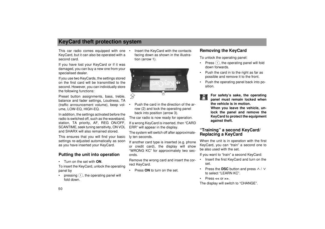 Blaupunkt SEATTLE RDM 169 KeyCard theft protection system, Putting the unit into operation, Removing the KeyCard 