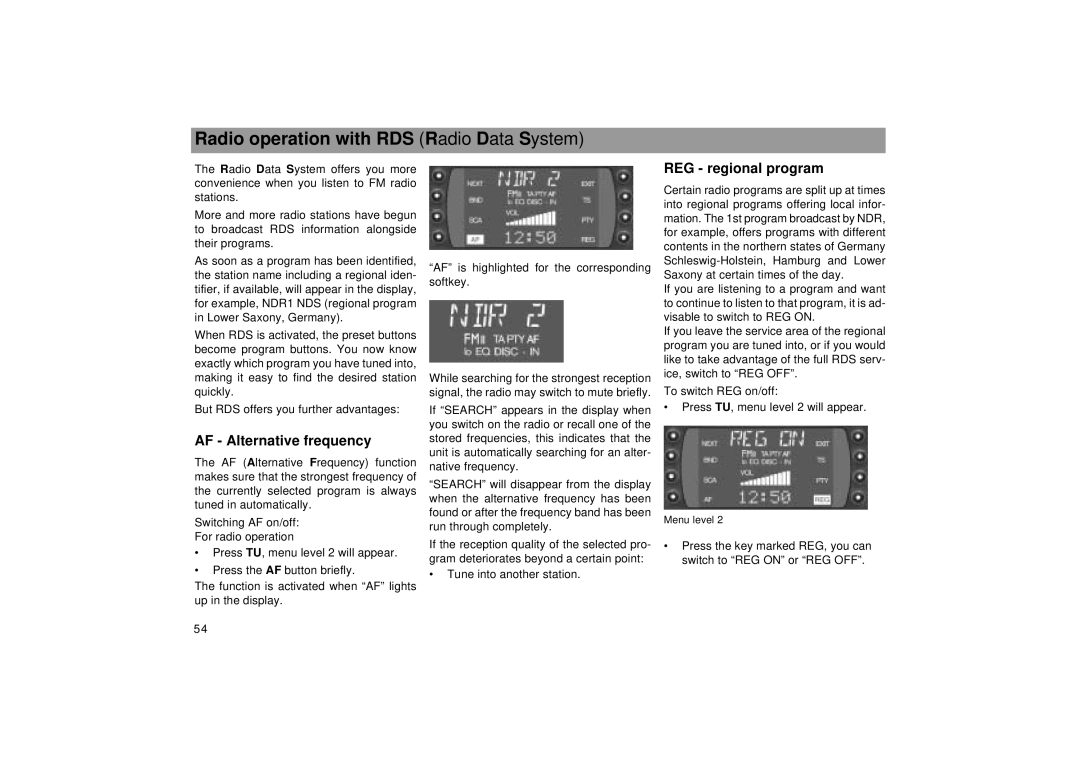 Blaupunkt SEATTLE RDM 169 Radio operation with RDS Radio Data System, AF Alternative frequency, REG regional program 