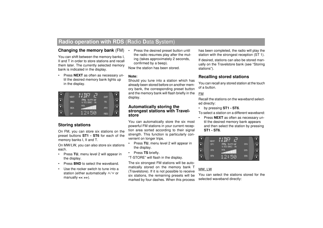 Blaupunkt SEATTLE RDM 169 operating instructions Changing the memory bank FM, Recalling stored stations, Storing stations 