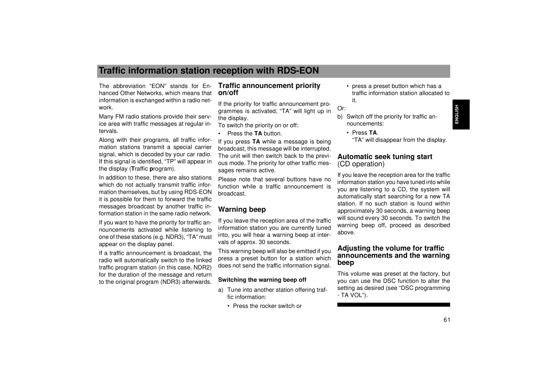 Blaupunkt SEATTLE RDM 169 Traffic information station reception with RDS-EON, Traffic announcement priority, On/off 