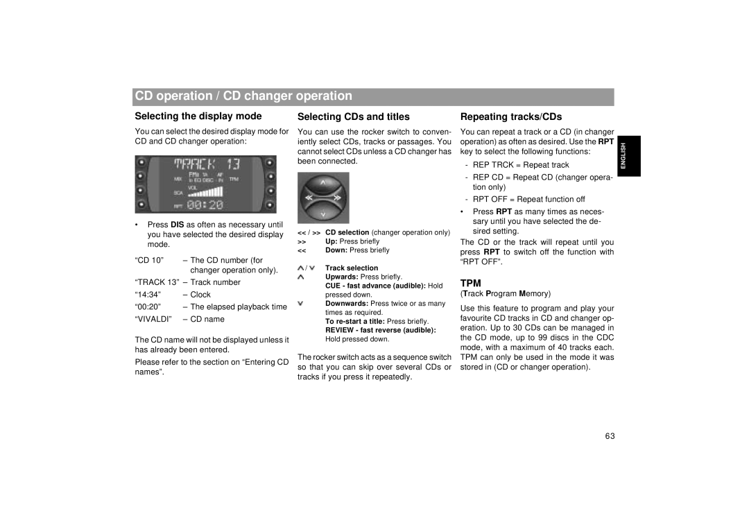 Blaupunkt SEATTLE RDM 169 CD operation / CD changer operation, Selecting the display mode, Selecting CDs and titles 