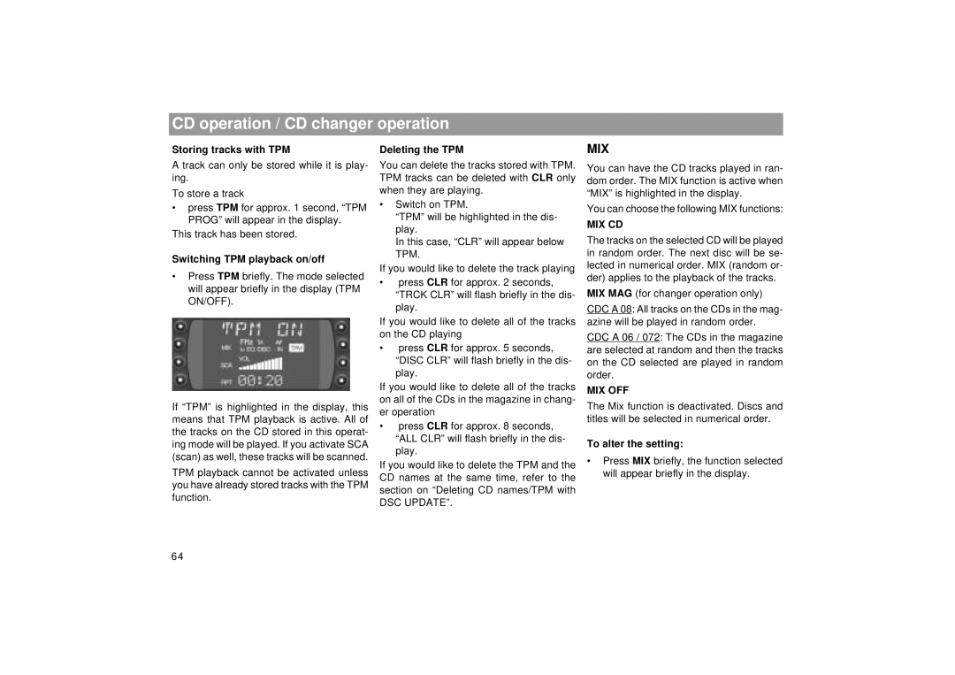 Blaupunkt SEATTLE RDM 169 operating instructions Mix Cd, Mix Off 