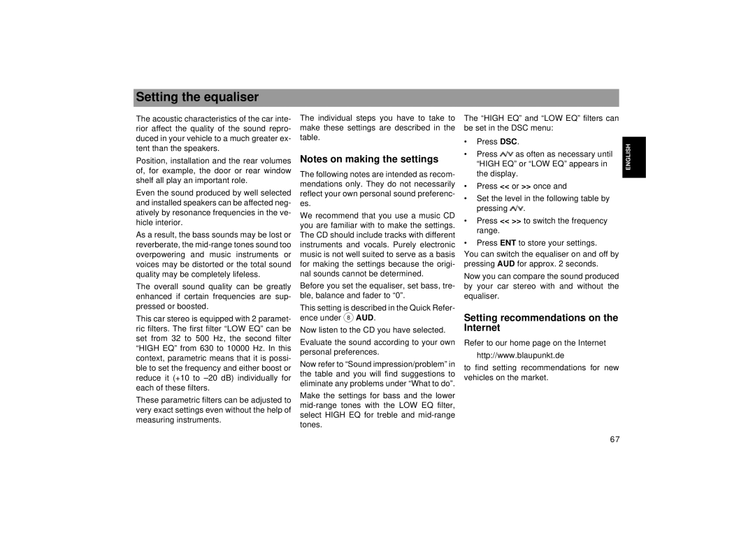 Blaupunkt SEATTLE RDM 169 operating instructions Setting the equaliser 