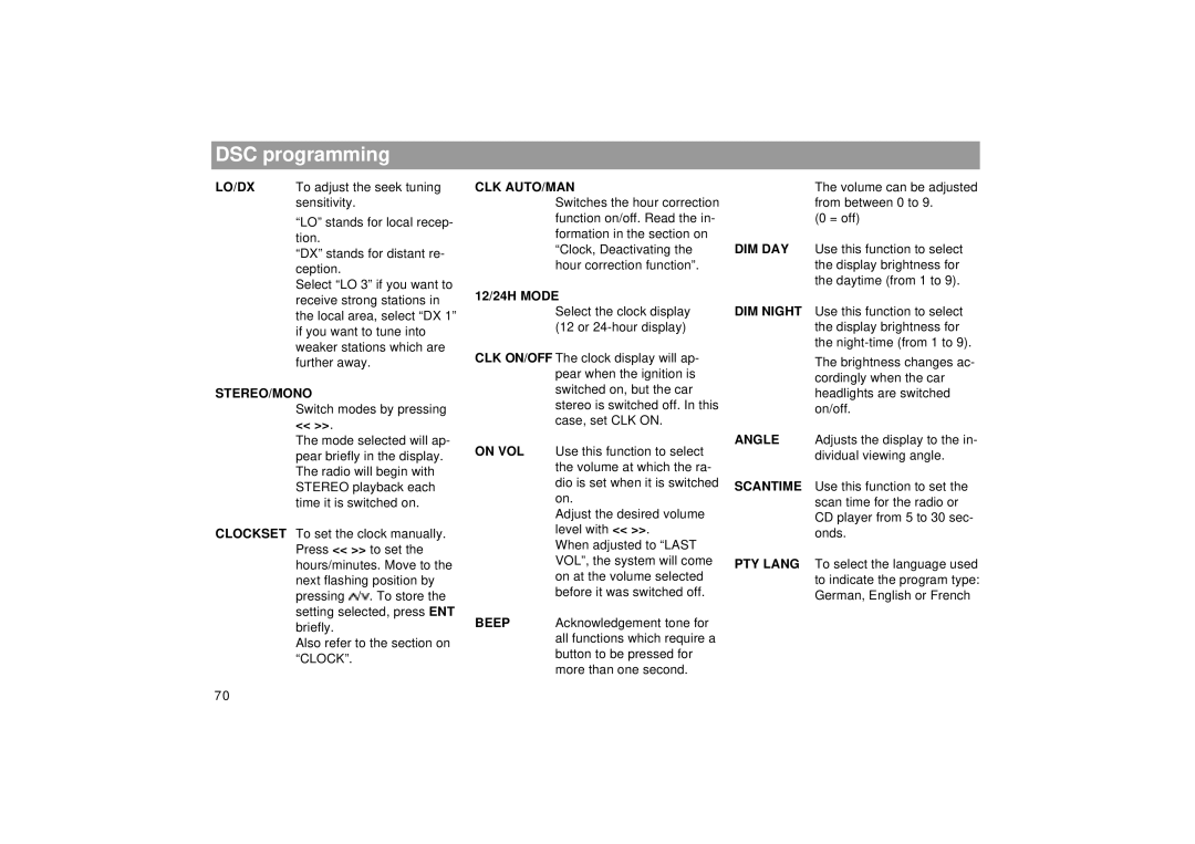 Blaupunkt SEATTLE RDM 169 operating instructions DSC programming, Stereo/Mono, Clk Auto/Man, 12/24H Mode 