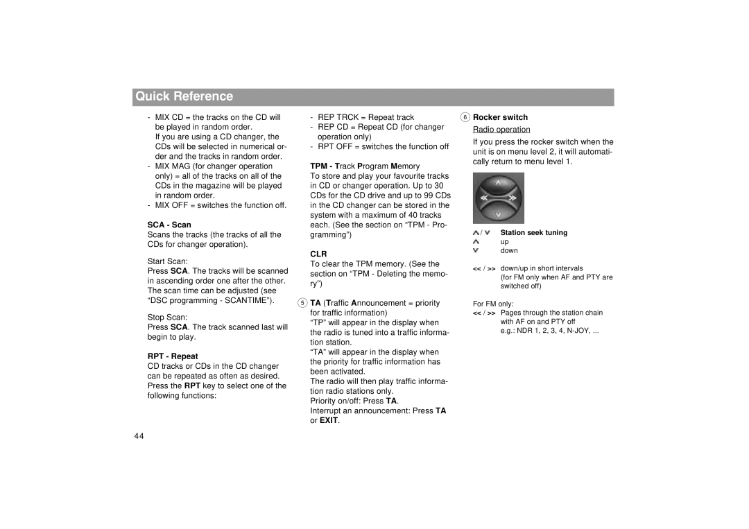 Blaupunkt SEATTLE RDM 169 operating instructions RPT Repeat, Clr, Rocker switch Radio operation 