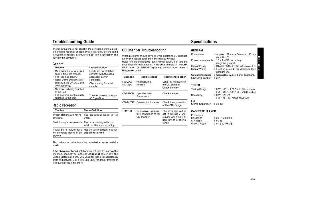 Blaupunkt SILVERSTONE C34 manual Troubleshooting Guide Specifications, General, Radio reception, CD Changer Troubleshooting 