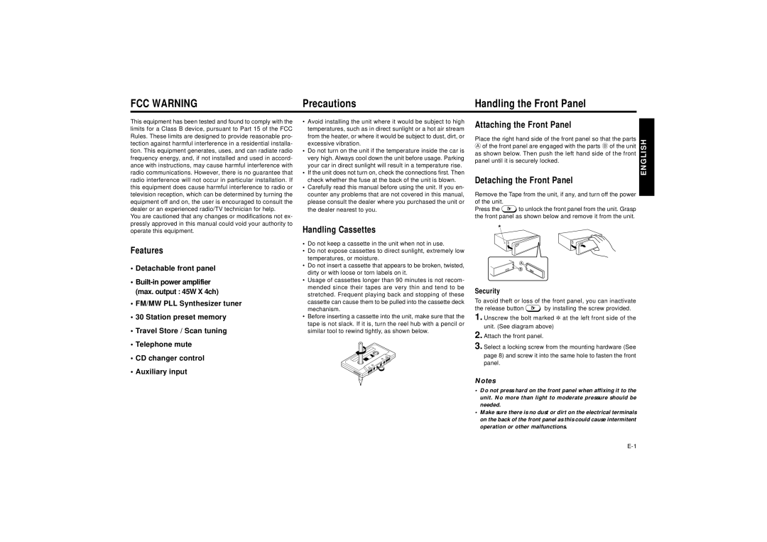 Blaupunkt SILVERSTONE C34 manual Precautions Handling the Front Panel, Features Detachable front panel, Handling Cassettes 