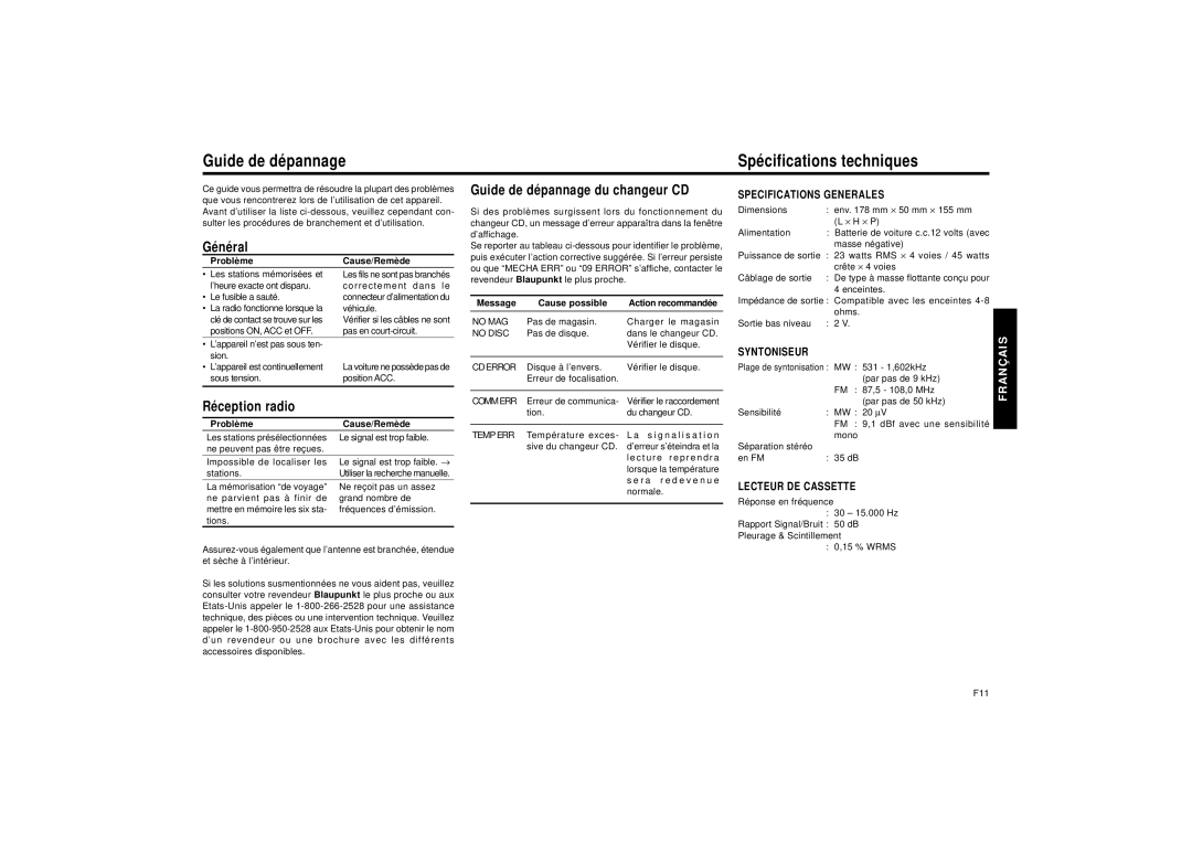 Blaupunkt SILVERSTONE C34 manual Guide de dé pannage Spé cifications techniques, Gé né ral, Ré ception radio 