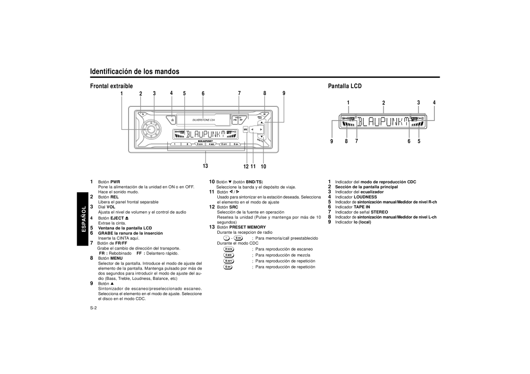 Blaupunkt SILVERSTONE C34 manual Identificació n de los mandos, Frontal extraíble, Pantalla LCD 
