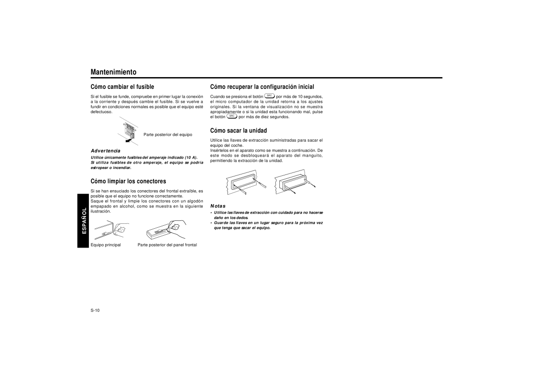 Blaupunkt SILVERSTONE C34 manual Mantenimiento, Có mo cambiar el fusible, Có mo recuperar la configuració n inicial 