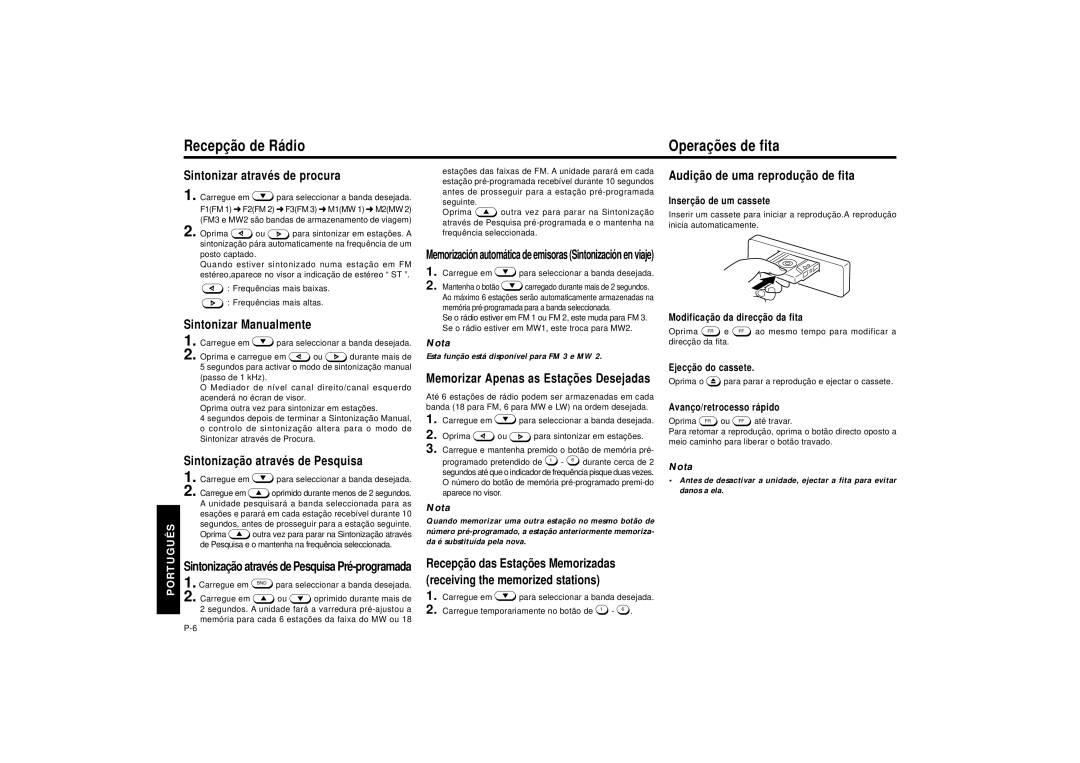 Blaupunkt SILVERSTONE C34 manual Recepçã o de Rá dio Operaçõ es de fita 