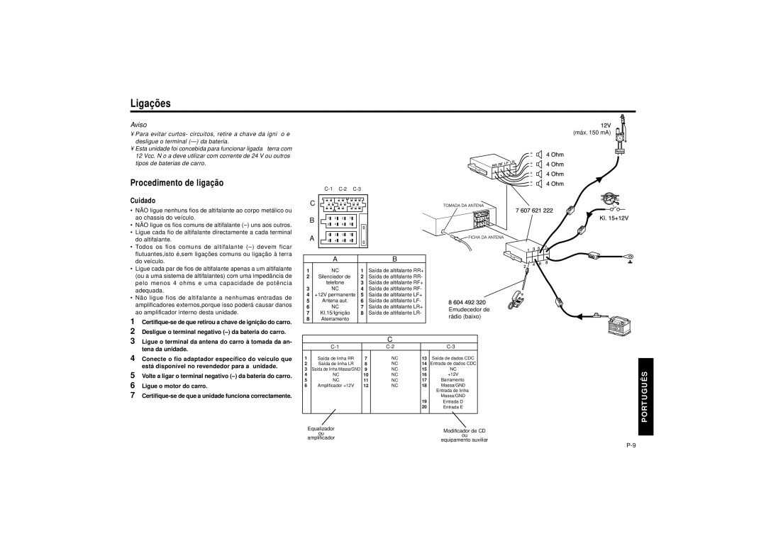 Blaupunkt SILVERSTONE C34 manual Ligaçõ es, Procedimento de ligaçã o, Aviso, Cuidado, Ligue o motor do carro 