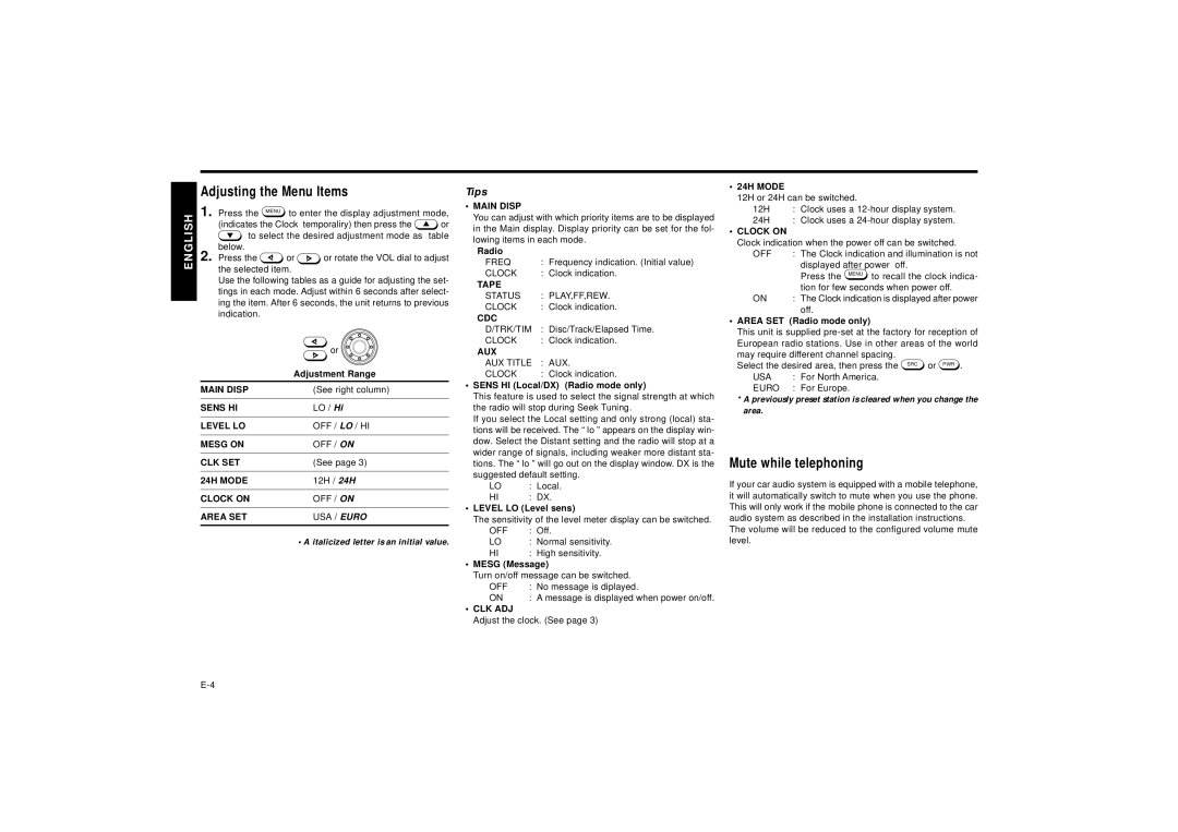 Blaupunkt SILVERSTONE C34 manual Adjusting the Menu Items, Mute while telephoning 