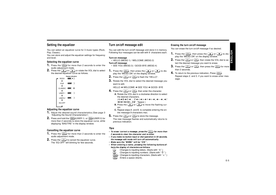 Blaupunkt SILVERSTONE C34 manual Setting the equalizer, Turn on/off message edit 