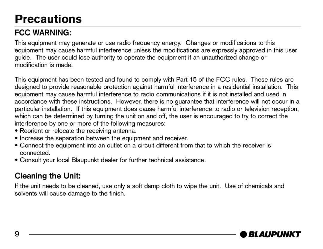 Blaupunkt SR04 manual FCC Warning, Cleaning the Unit 