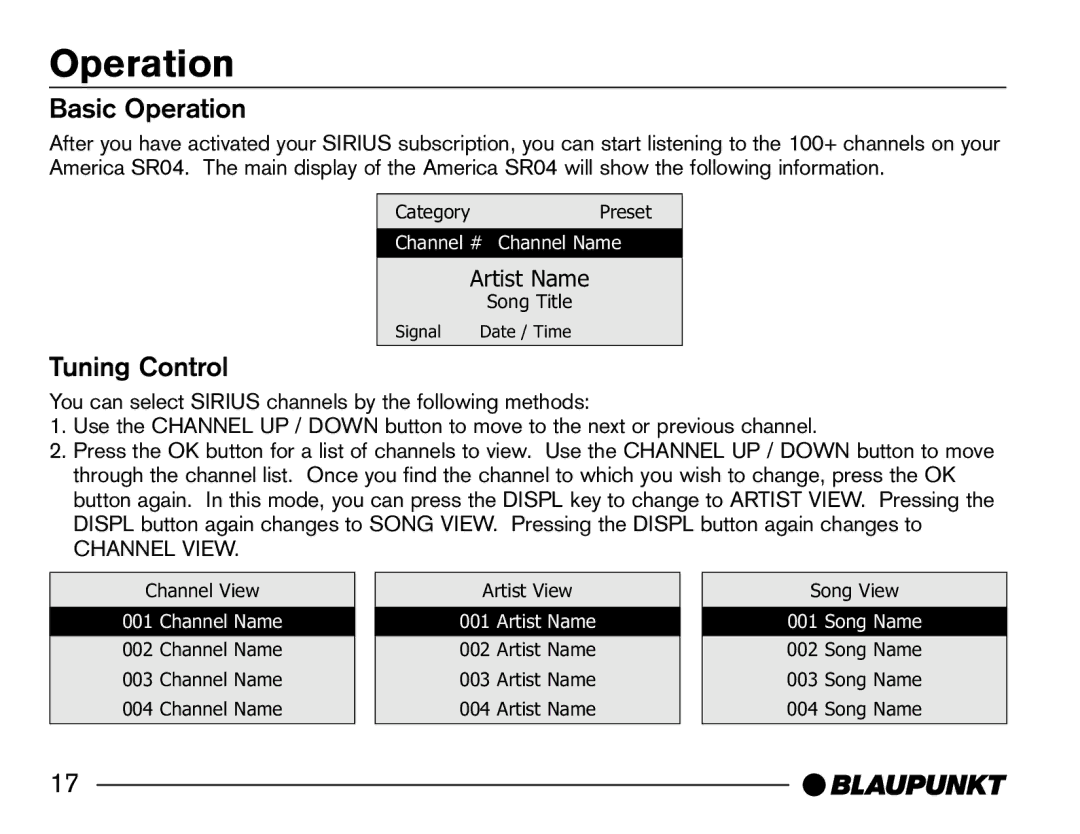 Blaupunkt SR04 manual Basic Operation, Tuning Control 