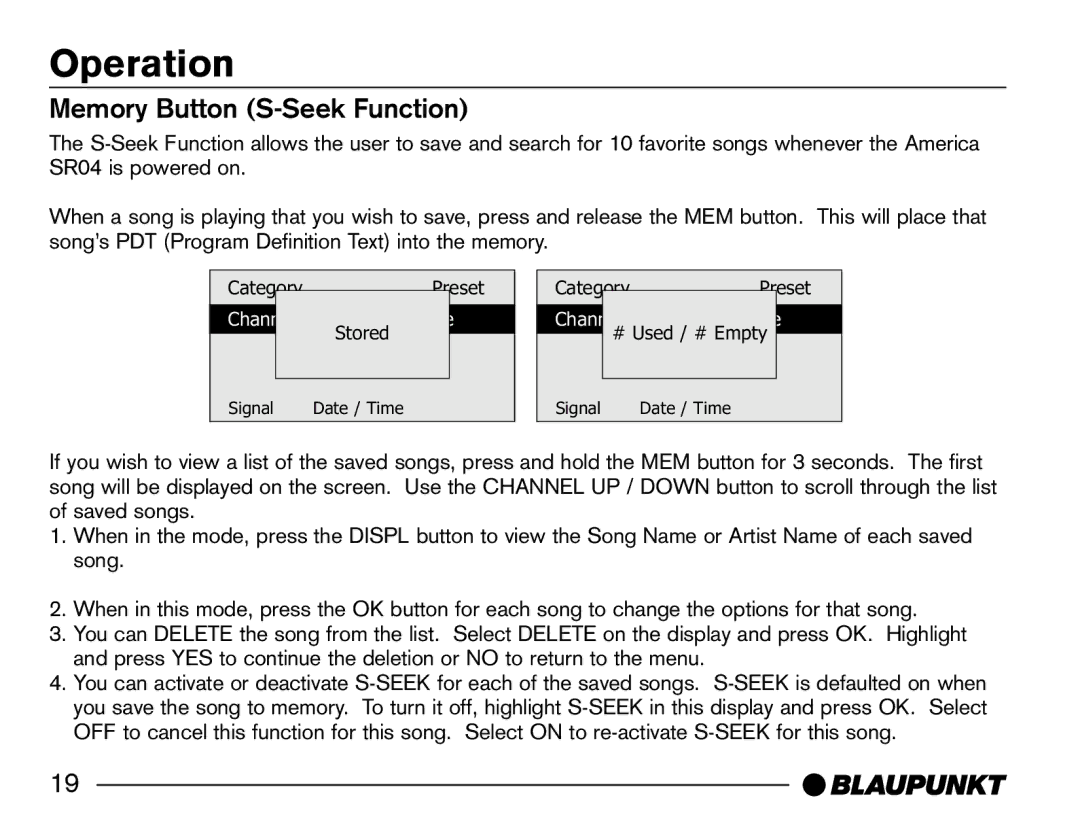 Blaupunkt SR04 manual Memory Button S-Seek Function 