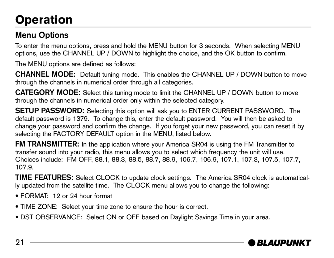 Blaupunkt SR04 manual Menu Options 