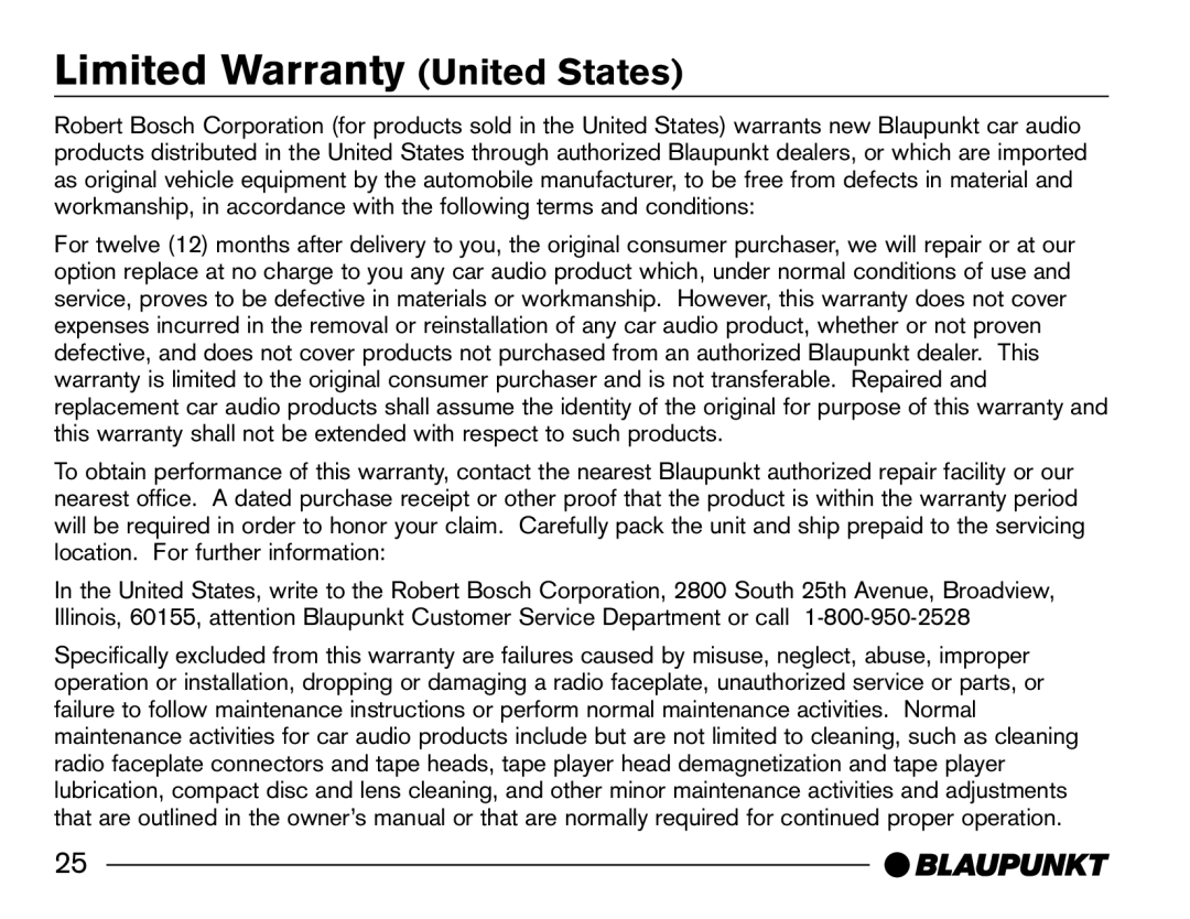 Blaupunkt SR04 manual Limited Warranty United States 