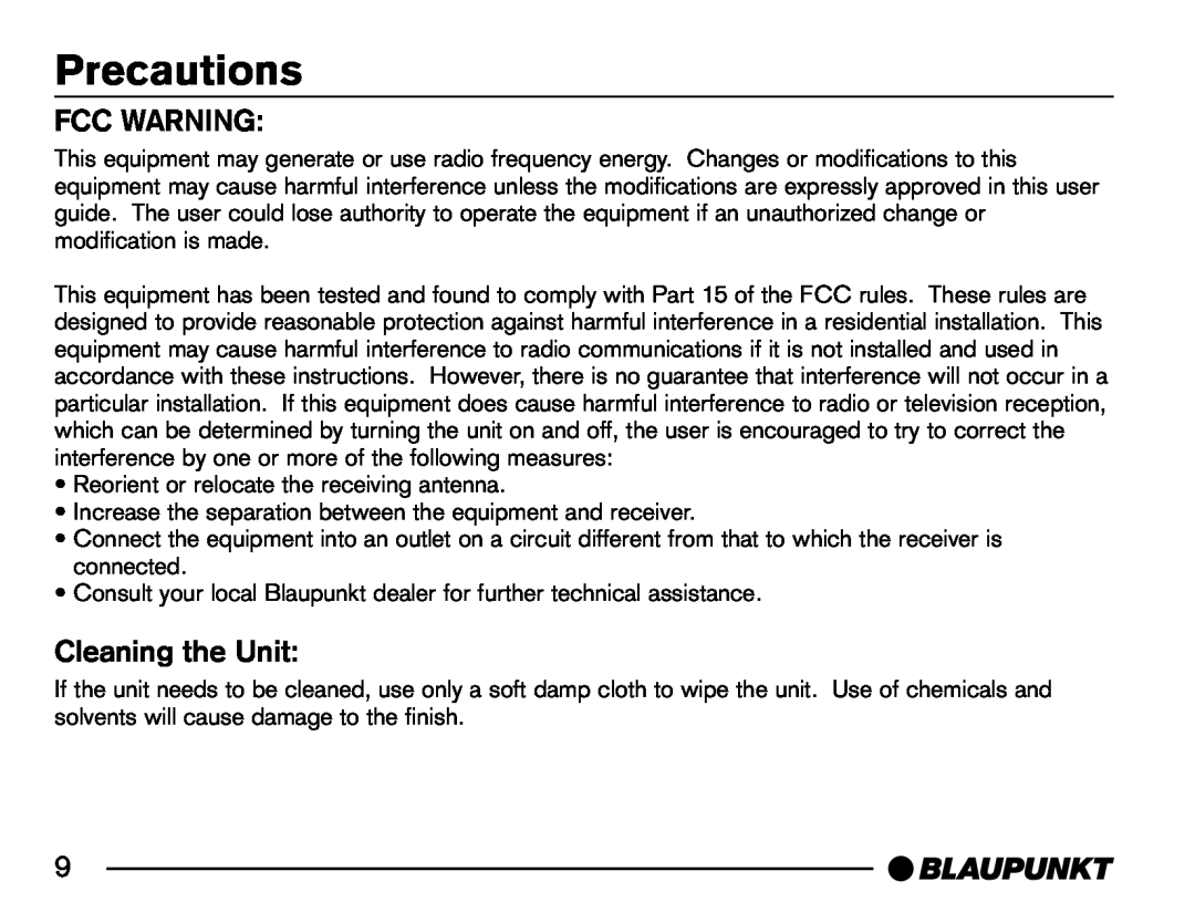 Blaupunkt SR04 manual Fcc Warning, Cleaning the Unit, Precautions 