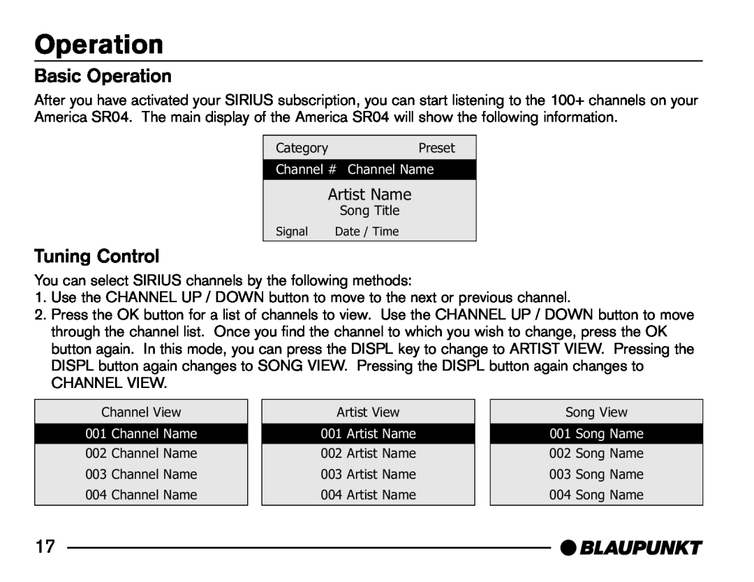Blaupunkt SR04 manual Basic Operation, Tuning Control 