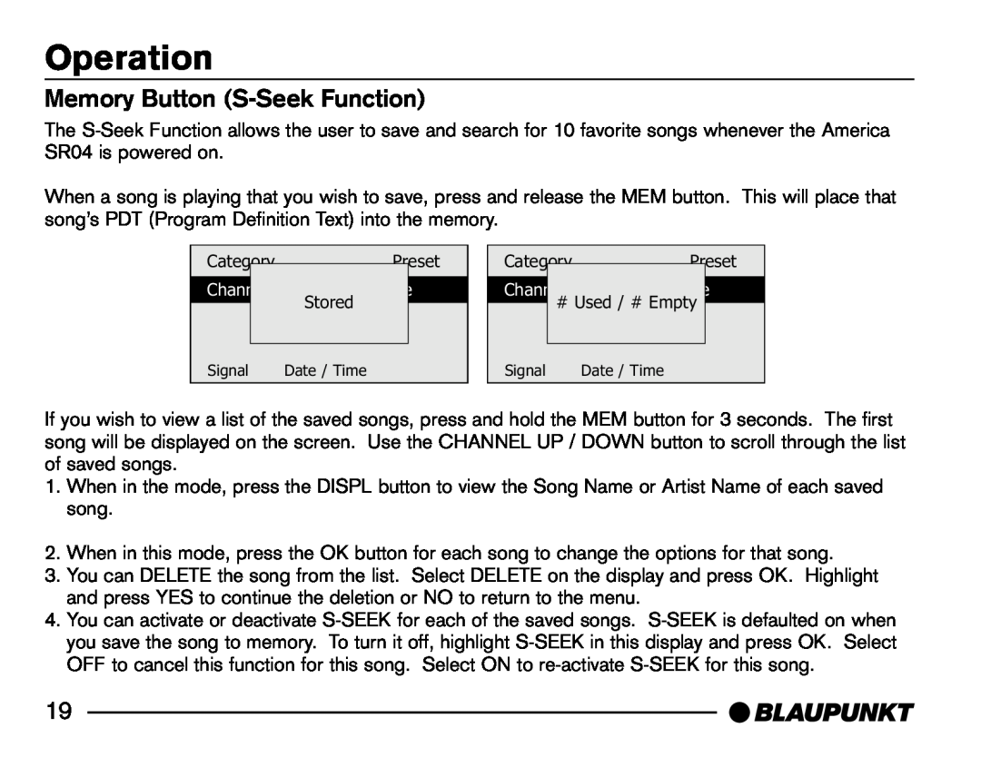 Blaupunkt SR04 manual Memory Button S-SeekFunction, Operation, CategoryPreset, Stored, # Used / # Empty 