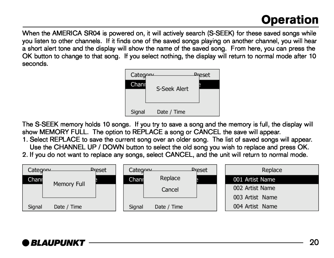 Blaupunkt SR04 manual Operation, S-SeekAlert, Memory Full, CategoryPreset Replace, Cancel 