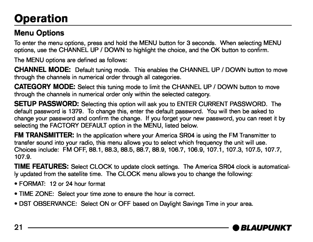Blaupunkt SR04 manual Menu Options, Operation 