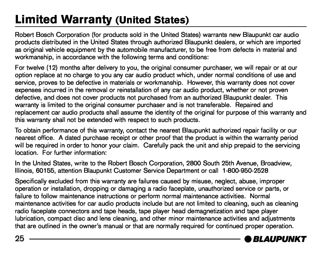 Blaupunkt SR04 manual Limited Warranty United States 