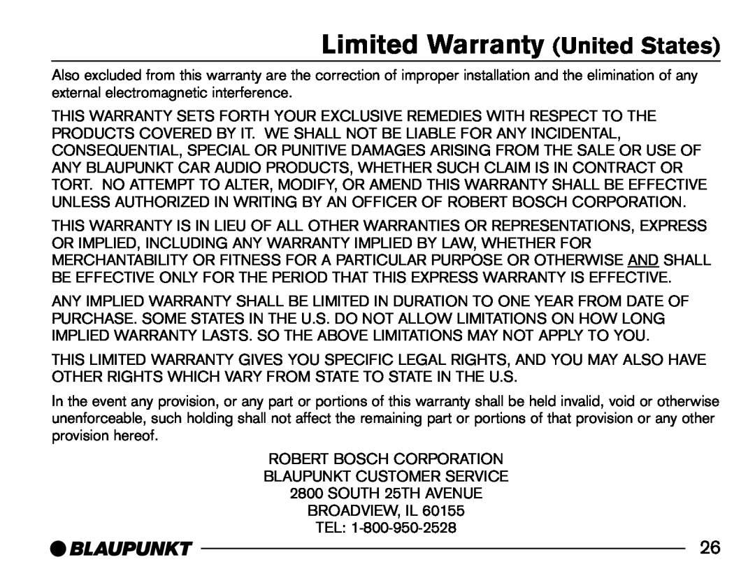 Blaupunkt SR04 manual Limited Warranty United States, Tel 