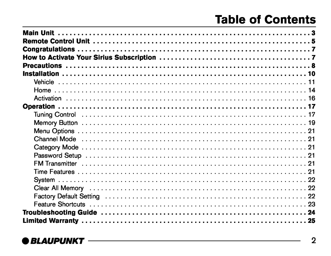 Blaupunkt SR04 manual Table of Contents 