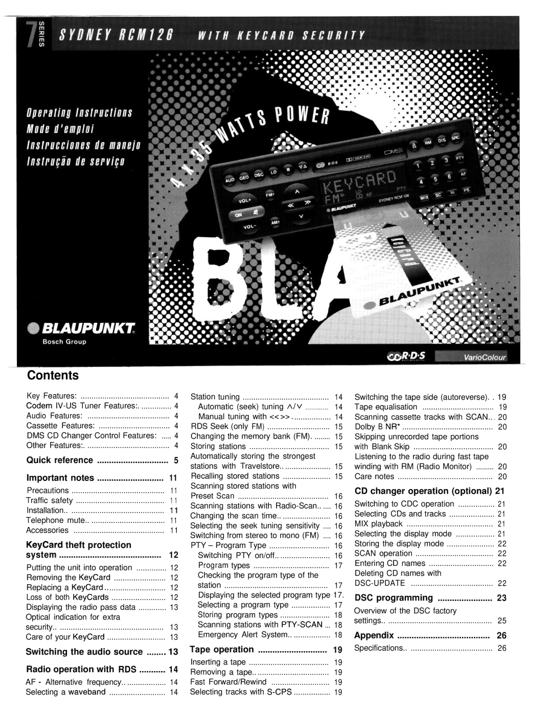 Blaupunkt Sydney RCM 126 appendix Contents 