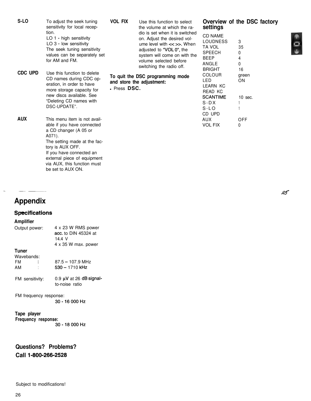 Blaupunkt Sydney RCM 126 appendix Appendix, Overview of the DSC factory settings, Questions? Problems? Call, Cdc Upd Aux 