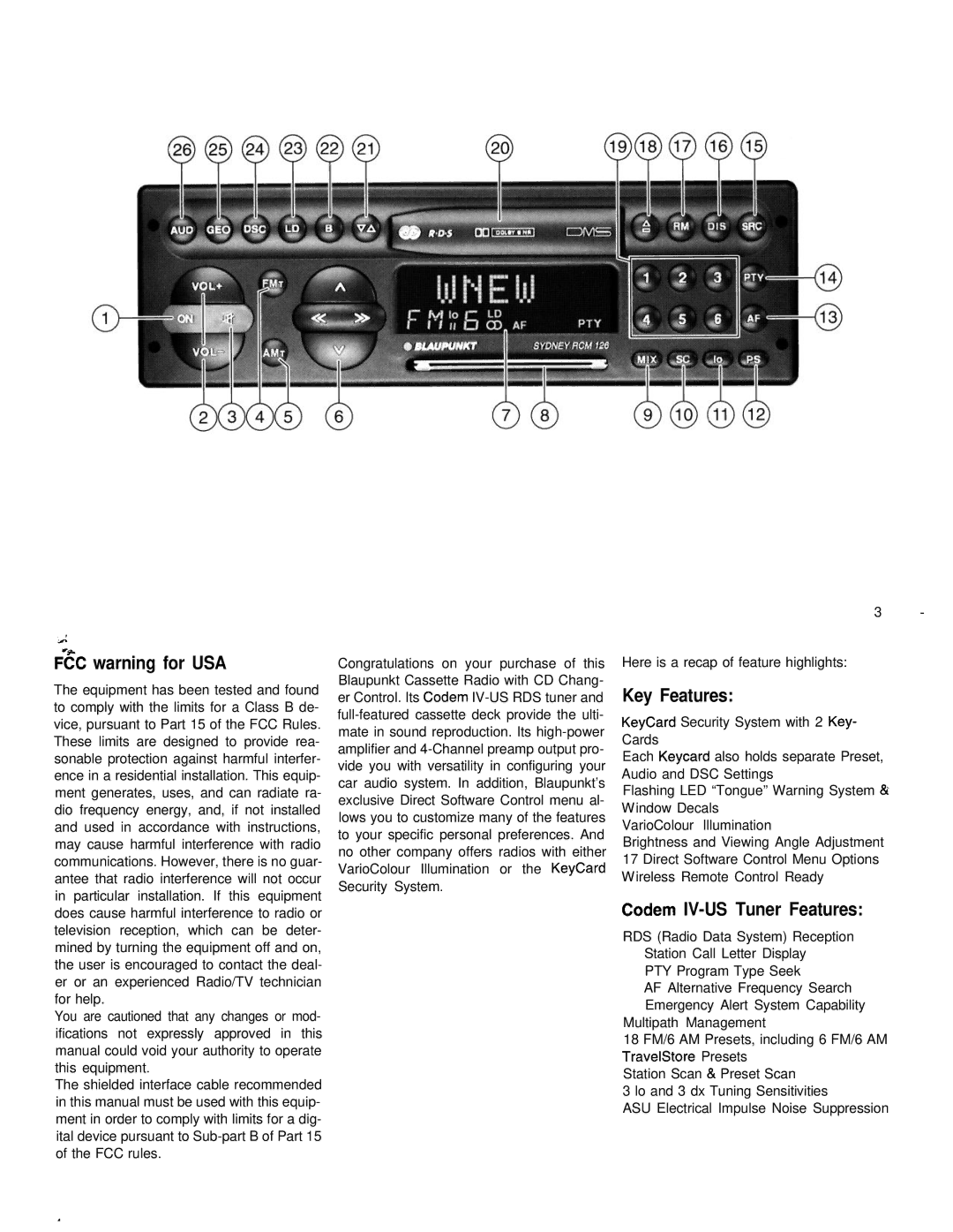 Blaupunkt Sydney RCM 126 appendix Key Features, Codem IV-US Tuner Features 