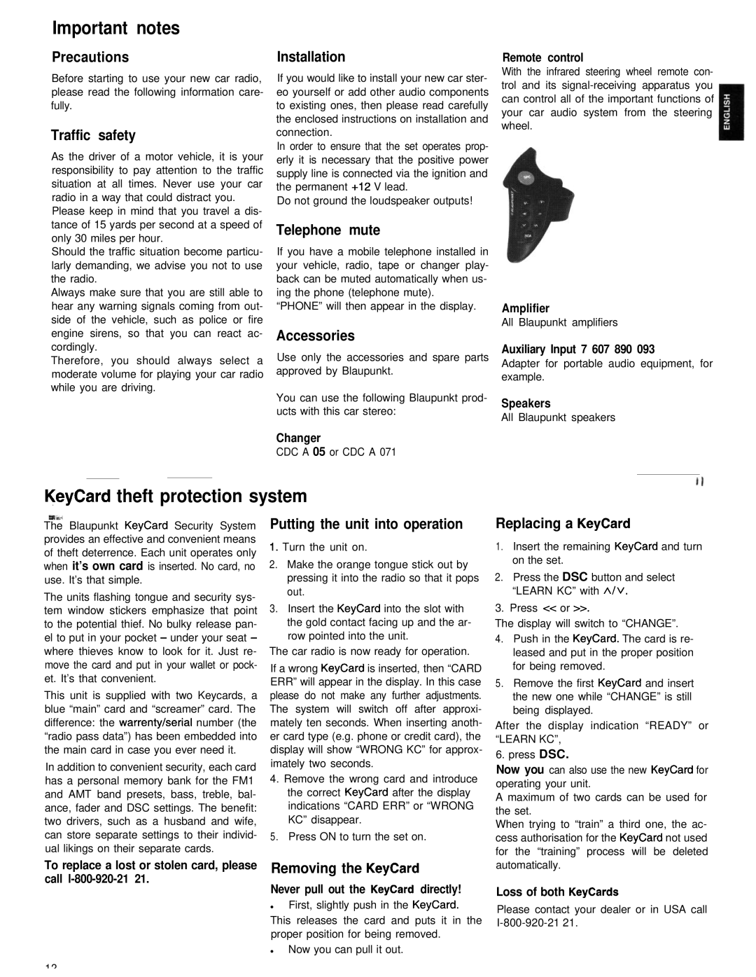 Blaupunkt Sydney RCM 126 appendix Important notes, KeyCard theft protection system 