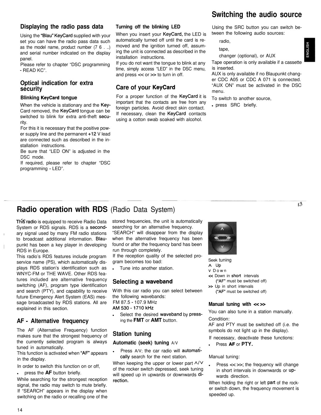 Blaupunkt Sydney RCM 126 appendix Switching the audio source, Radio operation with RDS Radio Data System 