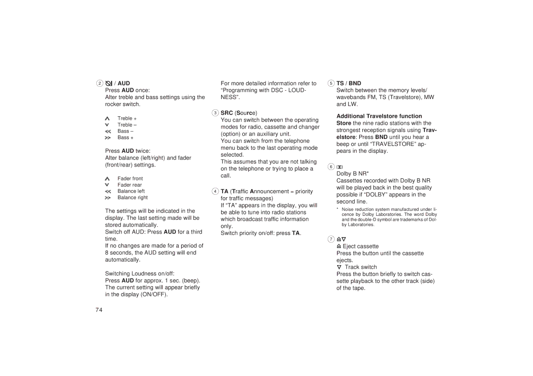 Blaupunkt TCM 127 operating instructions SRC Source, Ts / Bnd 