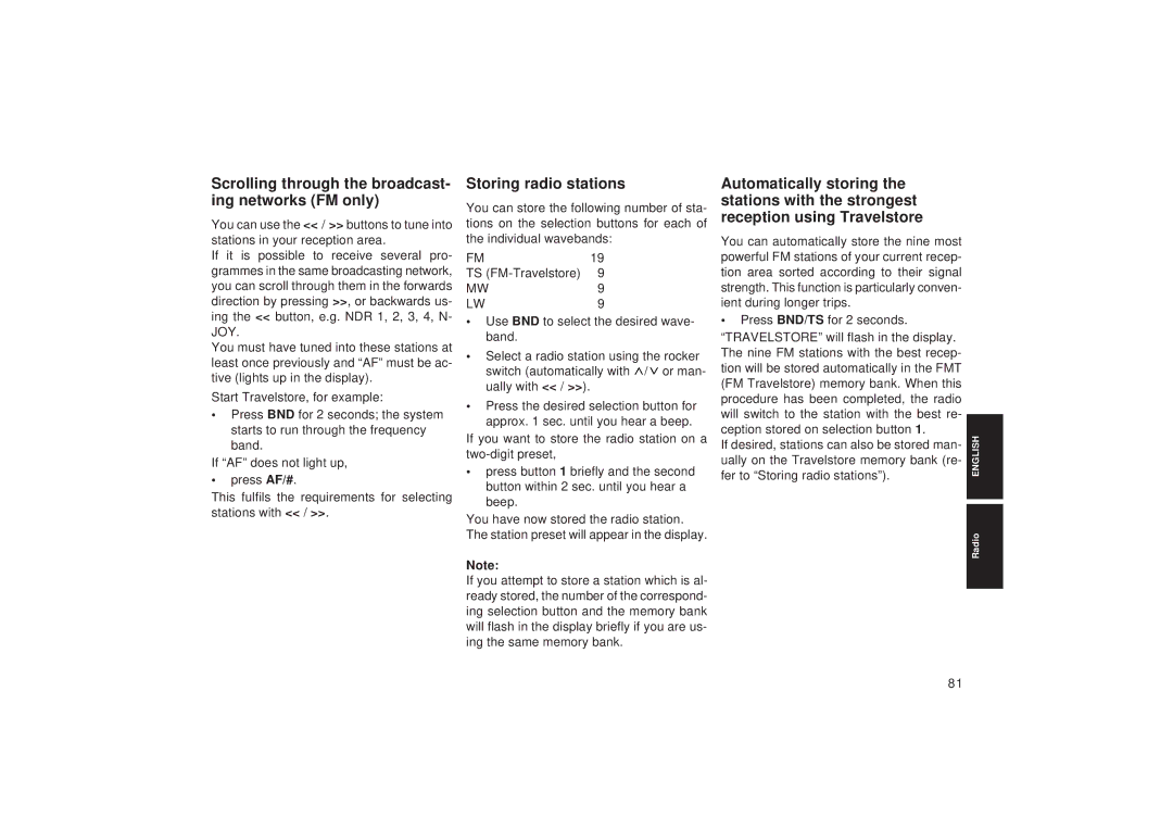 Blaupunkt TCM 127 operating instructions Scrolling through the broadcast- ing networks FM only, Storing radio stations 