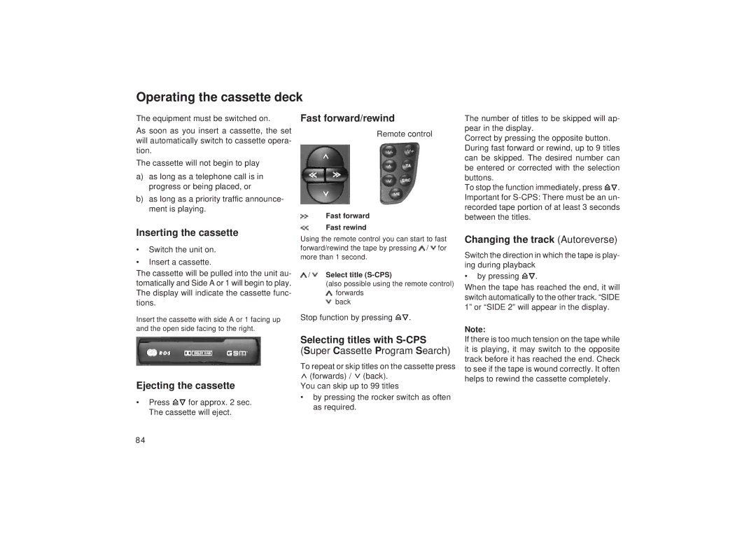 Blaupunkt TCM 127 operating instructions Operating the cassette deck 