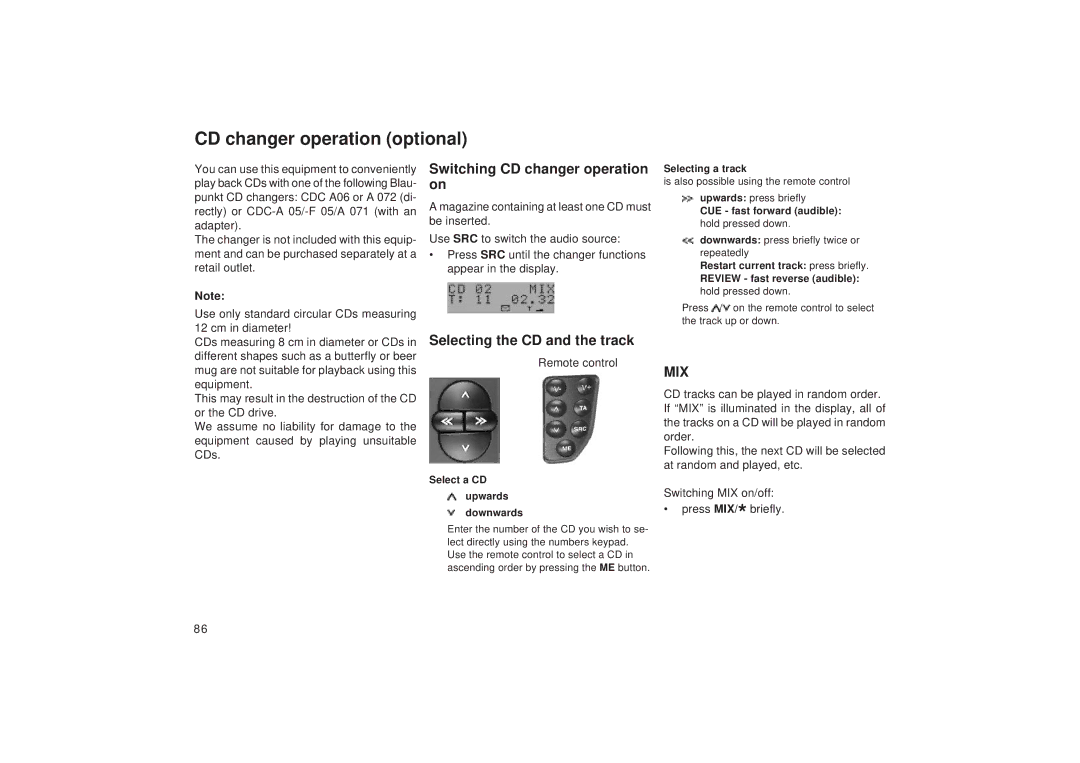 Blaupunkt TCM 127 CD changer operation optional, Switching CD changer operation on, Selecting the CD and the track 