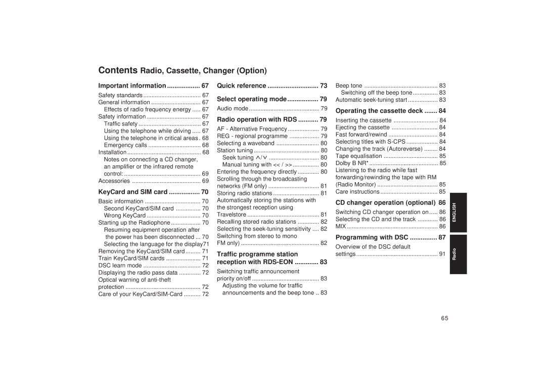 Blaupunkt TCM 127 operating instructions Contents Radio, Cassette, Changer Option 