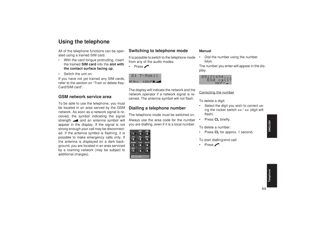 Blaupunkt TCM 127 Using the telephone, Switching to telephone mode, GSM network service area, Dialling a telephone number 