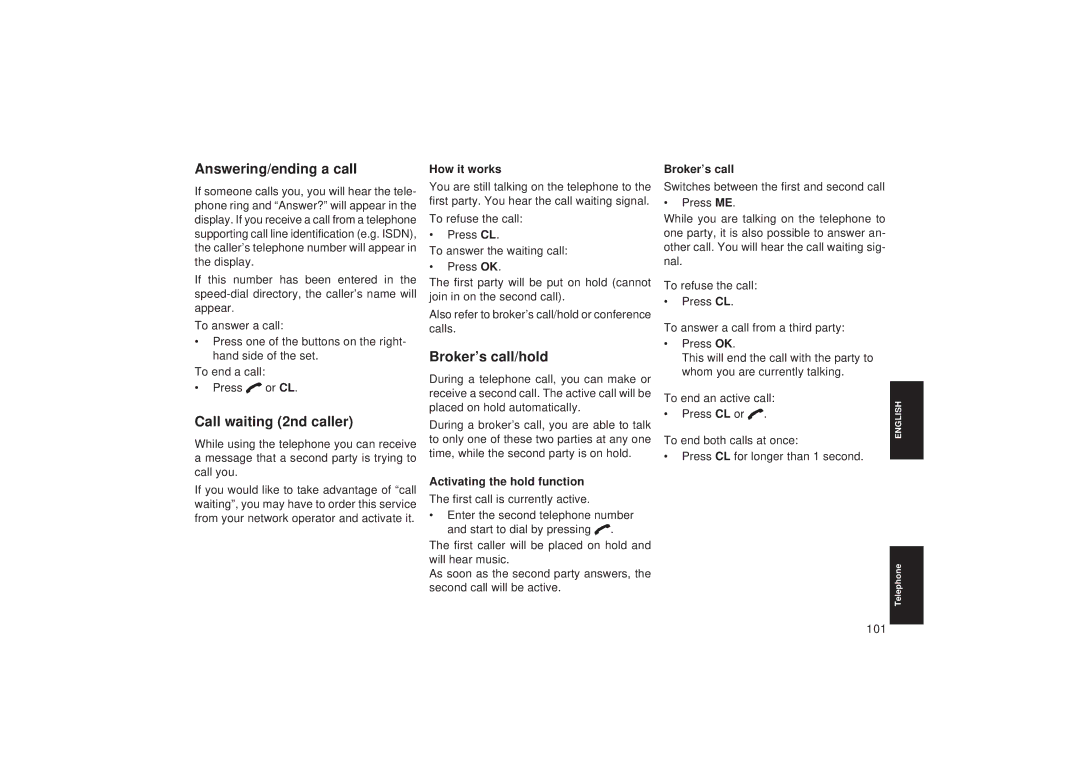 Blaupunkt TCM 127 operating instructions Answering/ending a call, Call waiting 2nd caller, Broker’s call/hold 