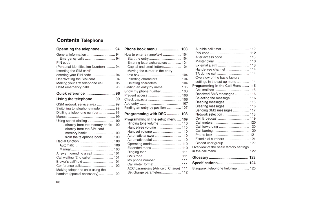 Blaupunkt TCM 127 operating instructions Contents Telephone 