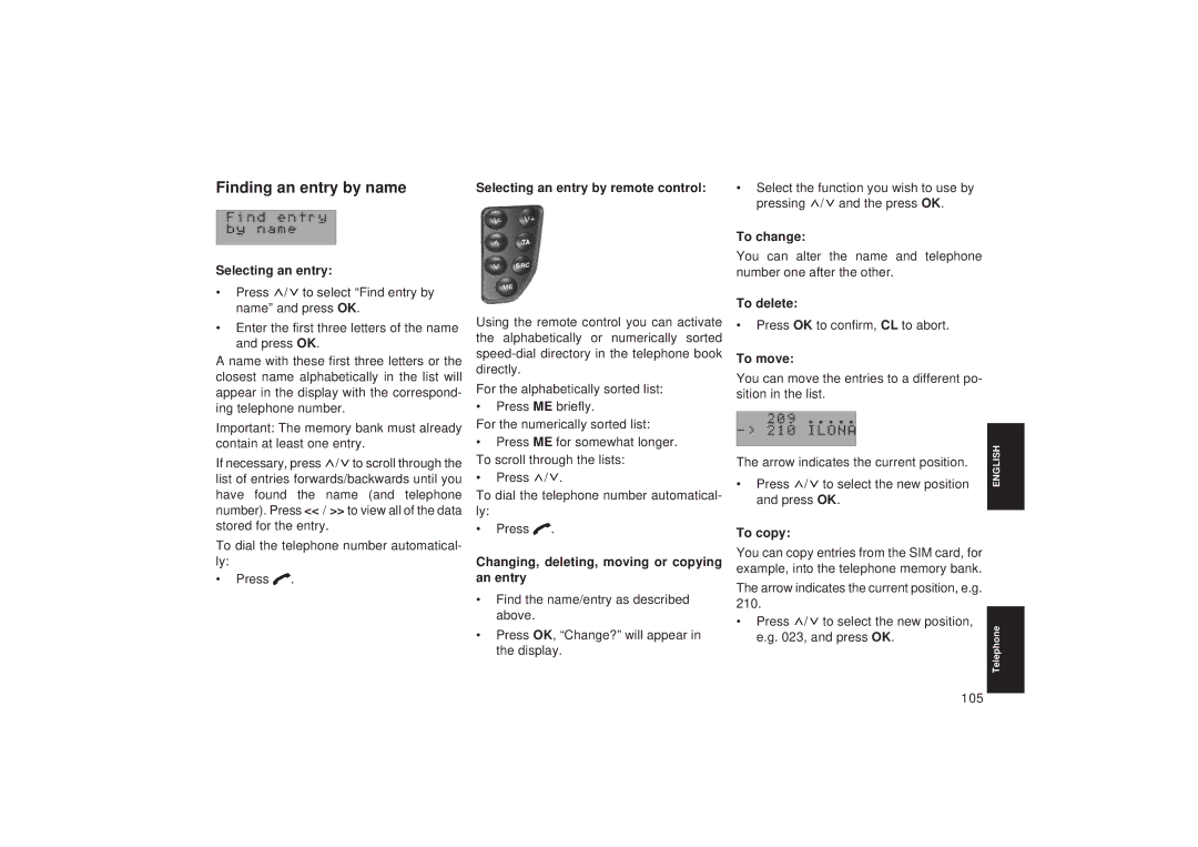 Blaupunkt TCM 127 operating instructions Finding an entry by name 