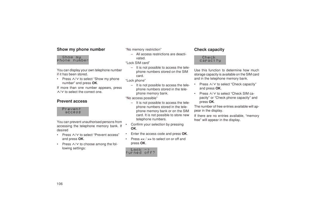 Blaupunkt TCM 127 operating instructions Show my phone number, Check capacity, Prevent access 