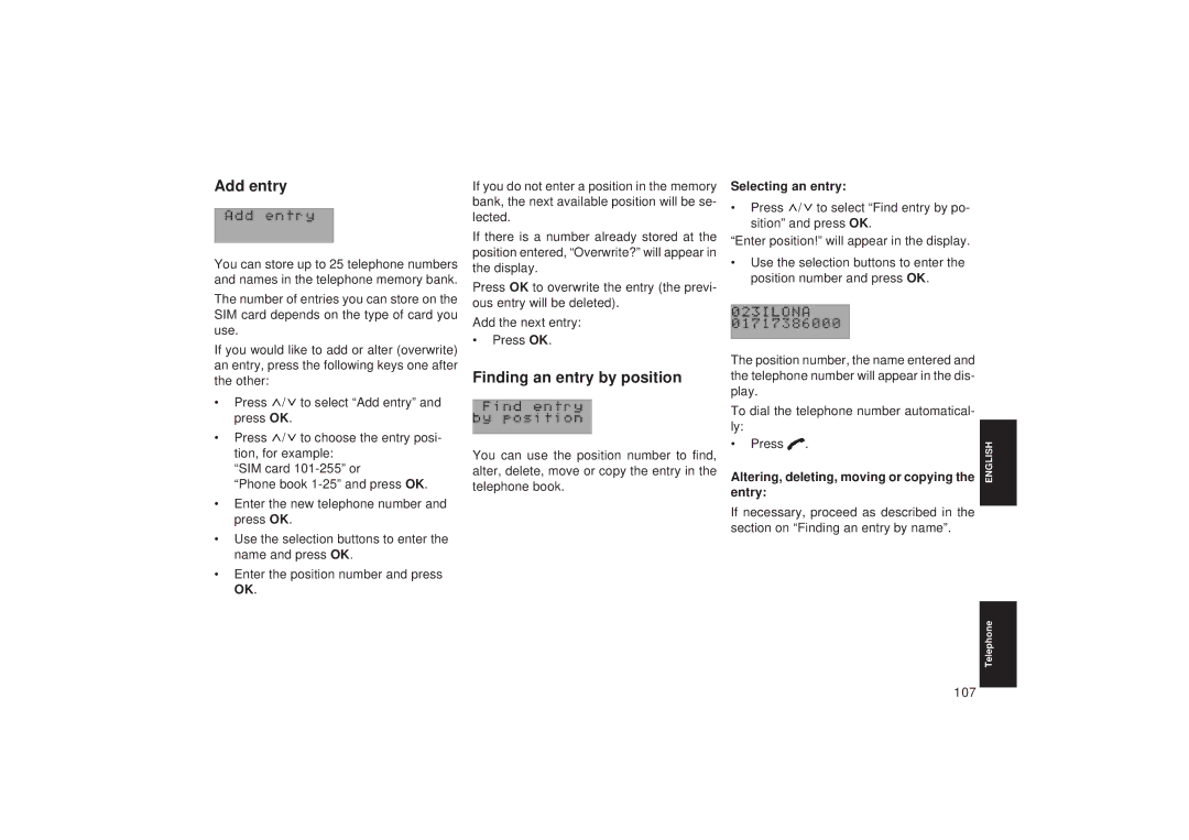 Blaupunkt TCM 127 Add entry, Finding an entry by position, Altering, deleting, moving or copying the entry 