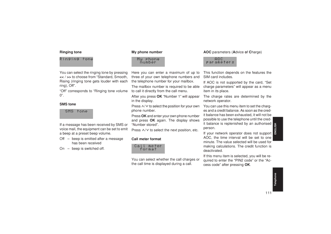 Blaupunkt TCM 127 operating instructions Ringing tone, SMS tone, My phone number, Call meter format 