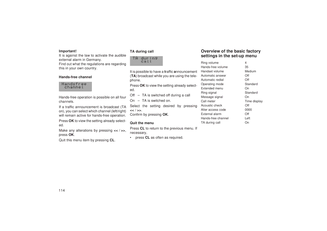 Blaupunkt TCM 127 Overview of the basic factory settings in the set-up menu, Hands-free channel, TA during call 