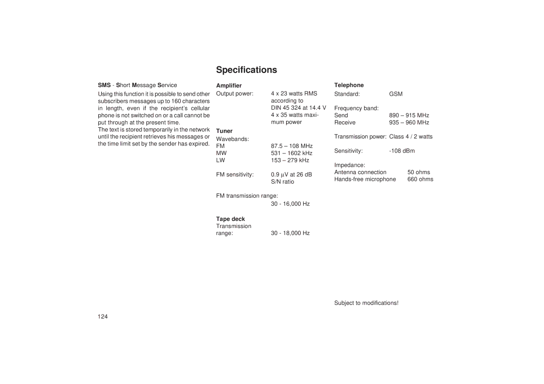 Blaupunkt TCM 127 operating instructions Specifications, Tuner, Telephone, Tape deck 